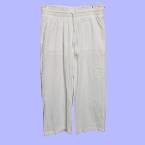 White linen blend wide leg tie waistband